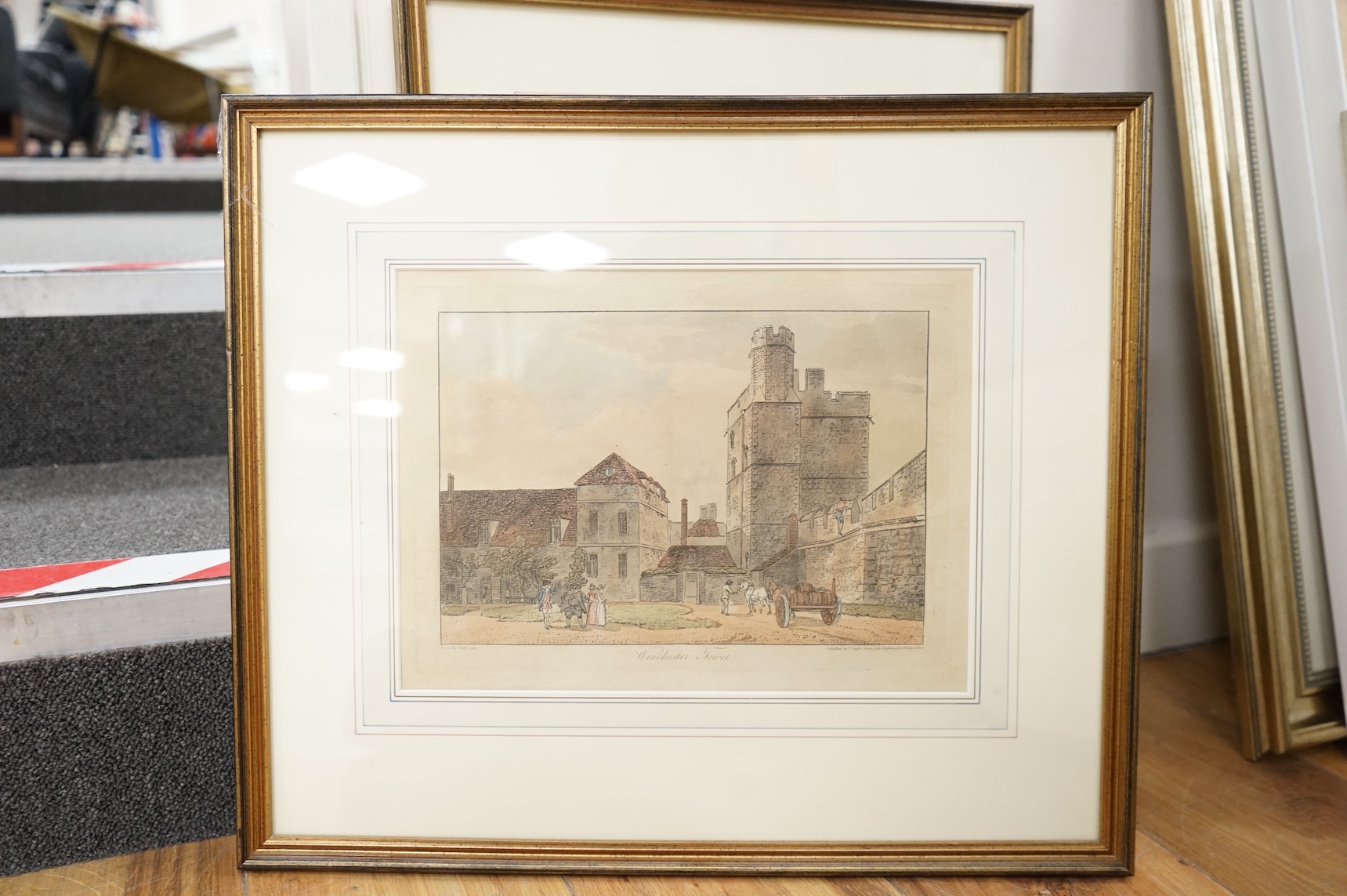 After Paul Sandby RA (1731-1809), Views of Windsor Castle and Windsor to include ‘Gate Under Queen Elizabeth’s Picture Gallery’, publ. T. Palfer, 1812, set of six colour engravings, 22 x 30cm